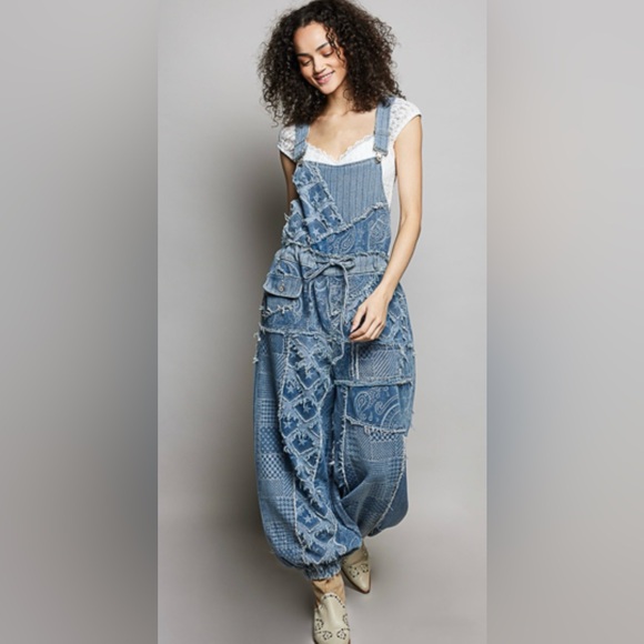 POL Denim - POL Blue Patchwork Denim Jogger Overalls